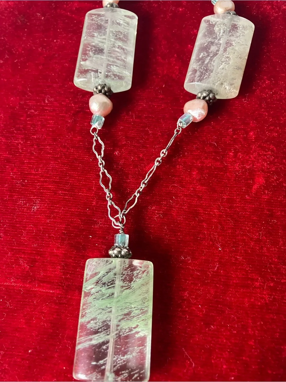 Artisan 925 Sterling Silver Green Rutilated Quartz Cultured Pearl Y-Necklace.